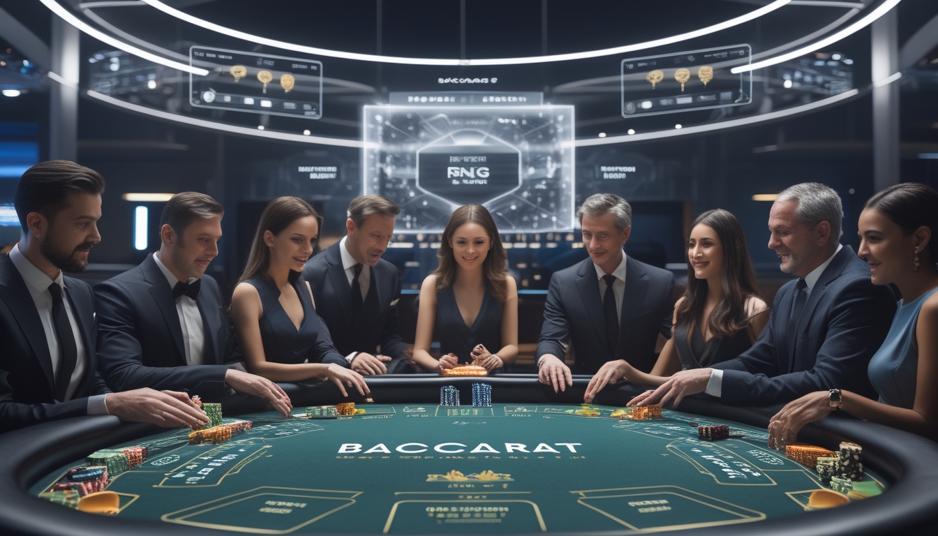 Orang-orang bermain baccarat di meja kasino dengan tampilan digital dan elemen virtual di latar belakang.