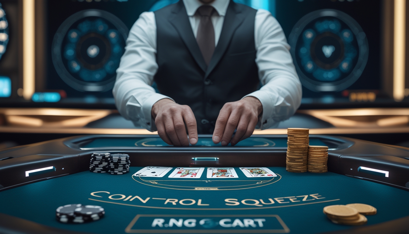 Meja baccarat di kasino dengan dealer yang sedang menunjukkan teknik control squeeze, dikelilingi elemen digital yang melambangkan permainan RNG dan virtual.