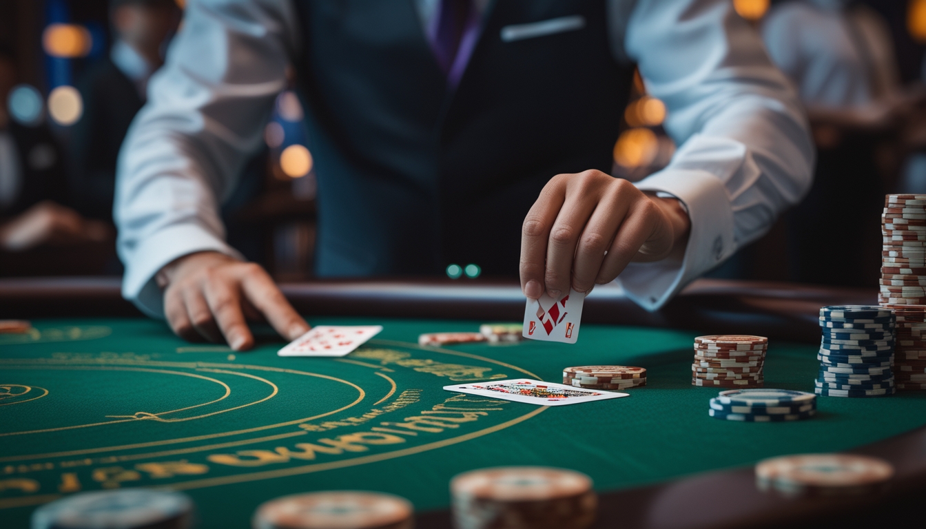 Seorang pemain profesional sedang memegang kartu baccarat dengan konsentrasi di meja kasino yang elegan.