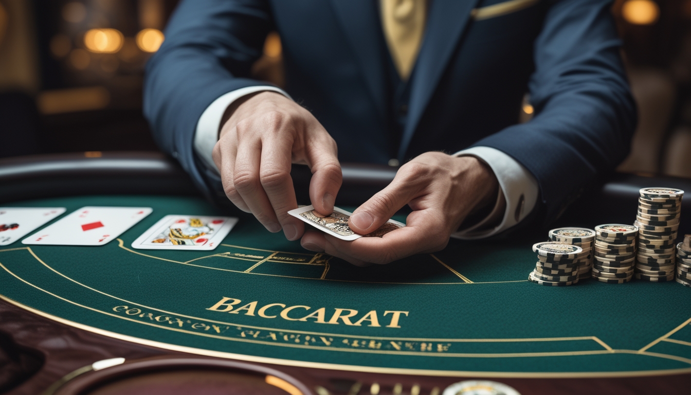 Seorang pemain baccarat mengenakan pakaian rapi sedang dengan hati-hati menekan kartu di meja permainan kasino yang mewah.