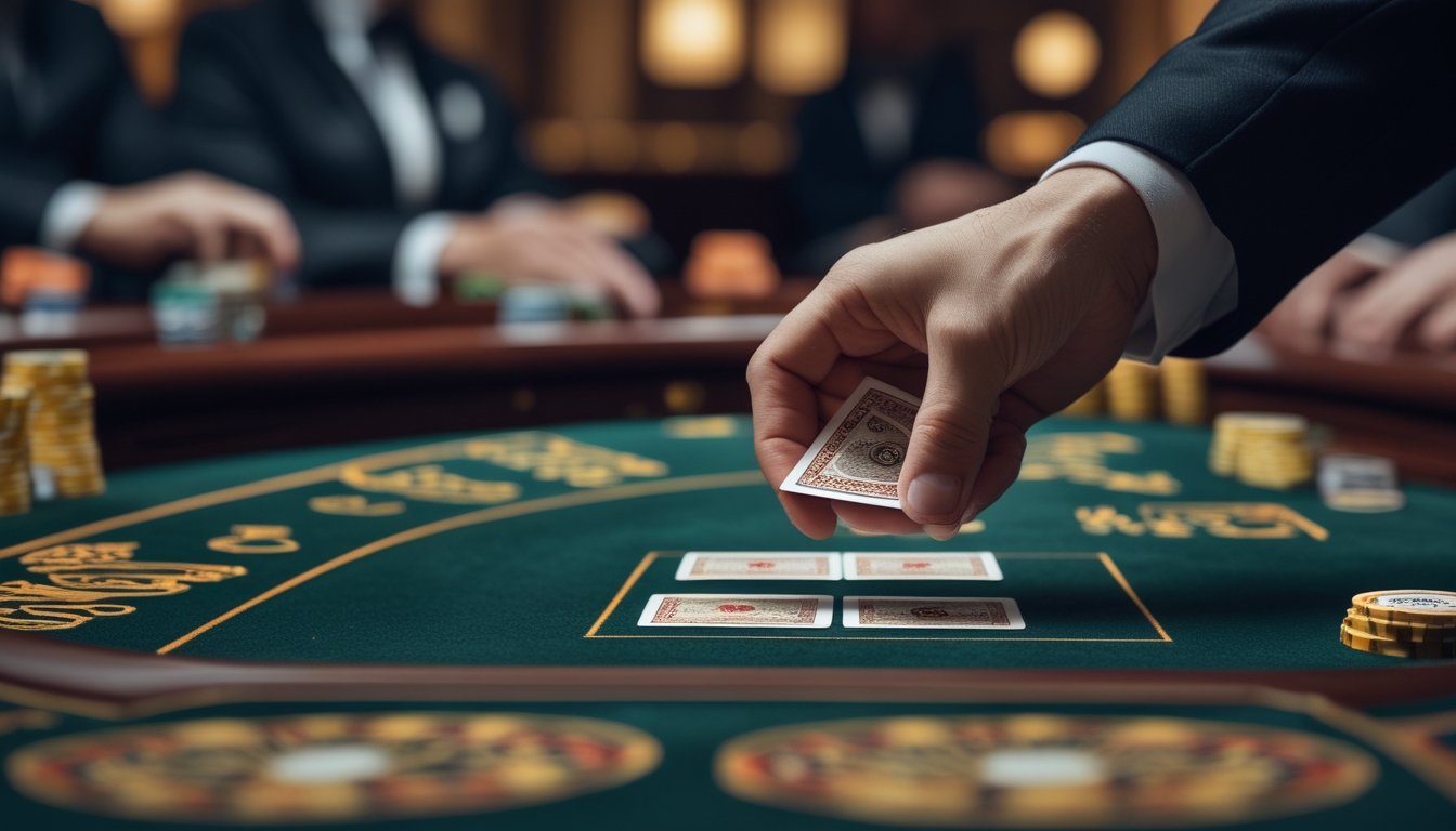 Seorang pemain sedang melakukan gerakan mengontrol kartu di meja baccarat dengan tumpukan chip dan kartu terlihat di atas meja kasino.
