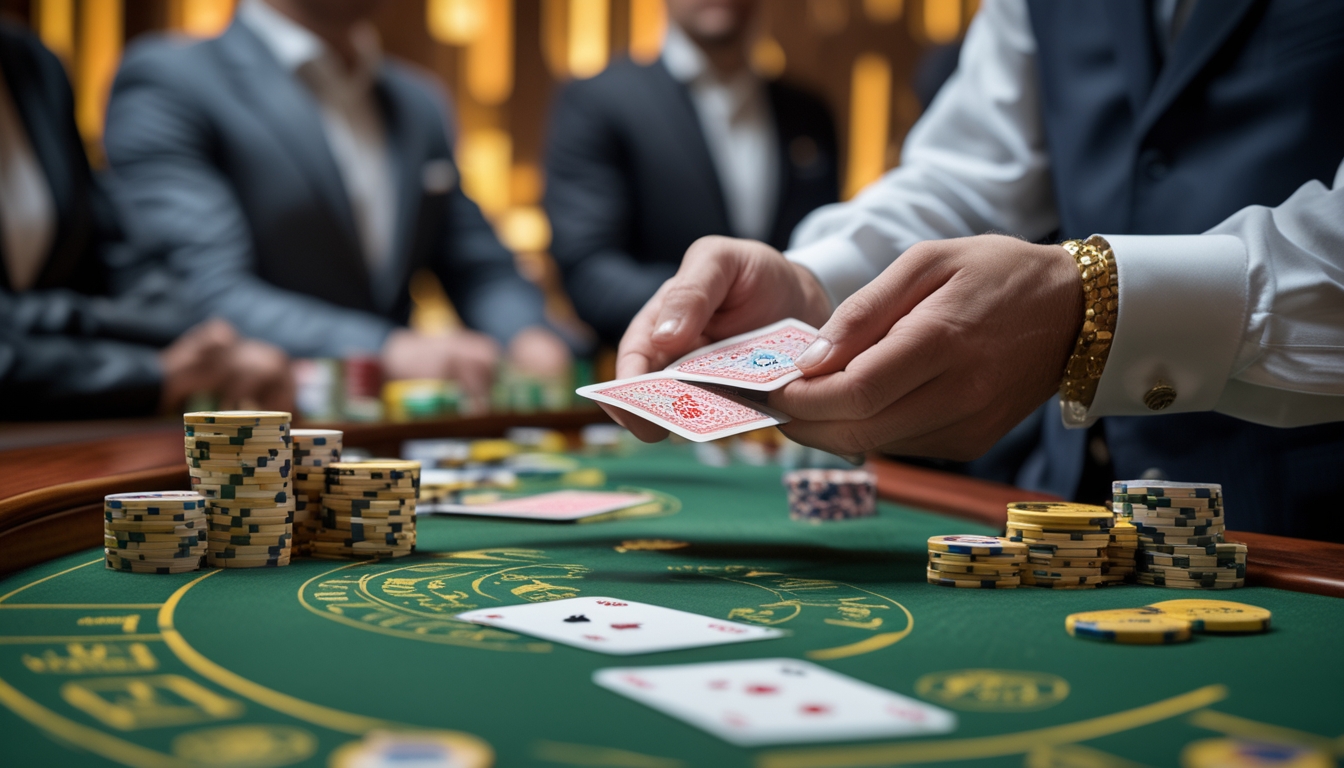 Tangan dealer sedang membuka kartu Baccarat dengan hati-hati di meja hijau, dikelilingi oleh tumpukan chip, dengan pemain yang memperhatikan di latar belakang.