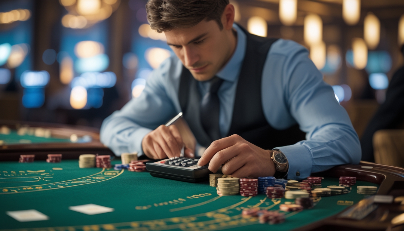 Seorang pria serius mengelola modal saat bermain baccarat di meja kasino dengan kartu dan chip tertata rapi.