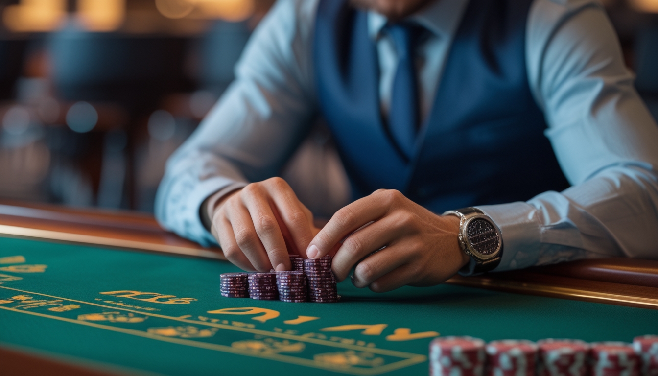 Seseorang yang fokus mengelola chip taruhan di meja baccarat di lingkungan kasino yang tenang.
