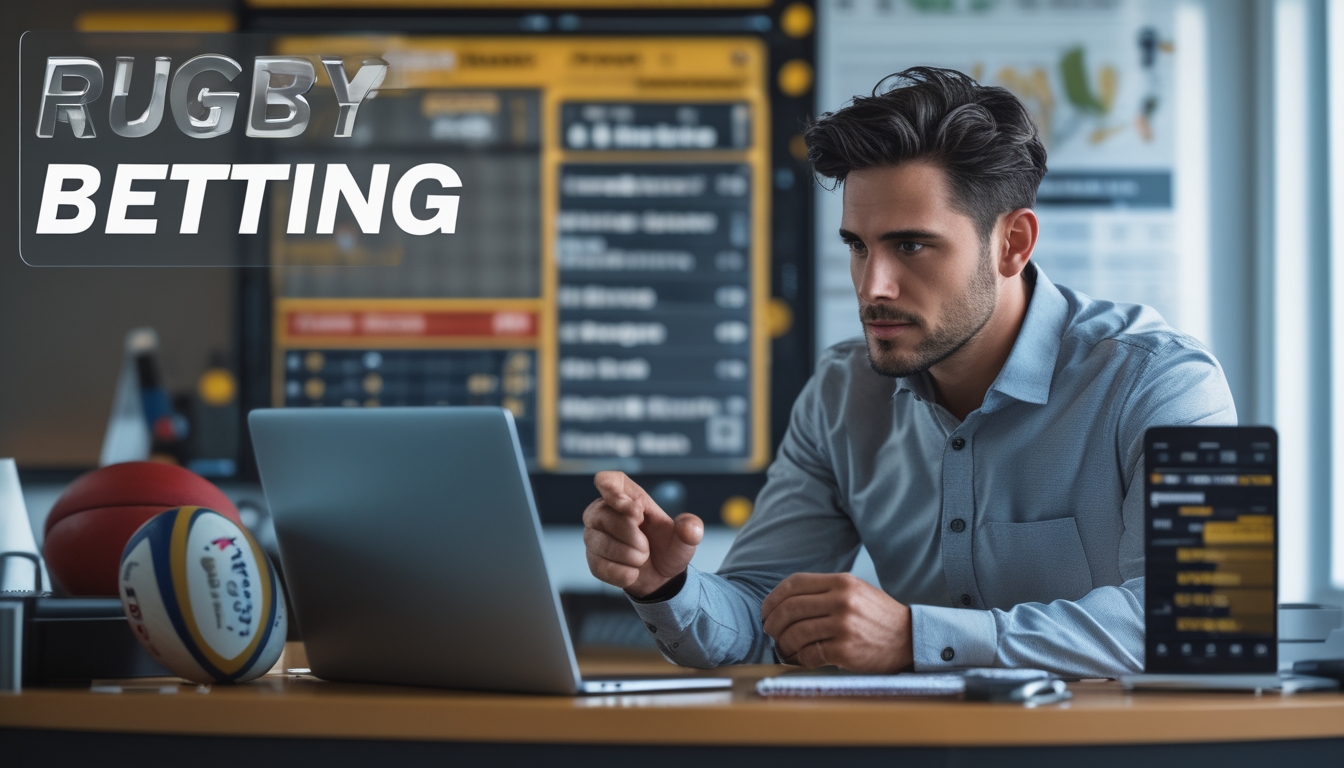 Seseorang sedang menganalisis statistik pertandingan rugby menggunakan laptop dan ponsel di ruang kerja modern dengan bola rugby dan papan strategi di latar belakang.
