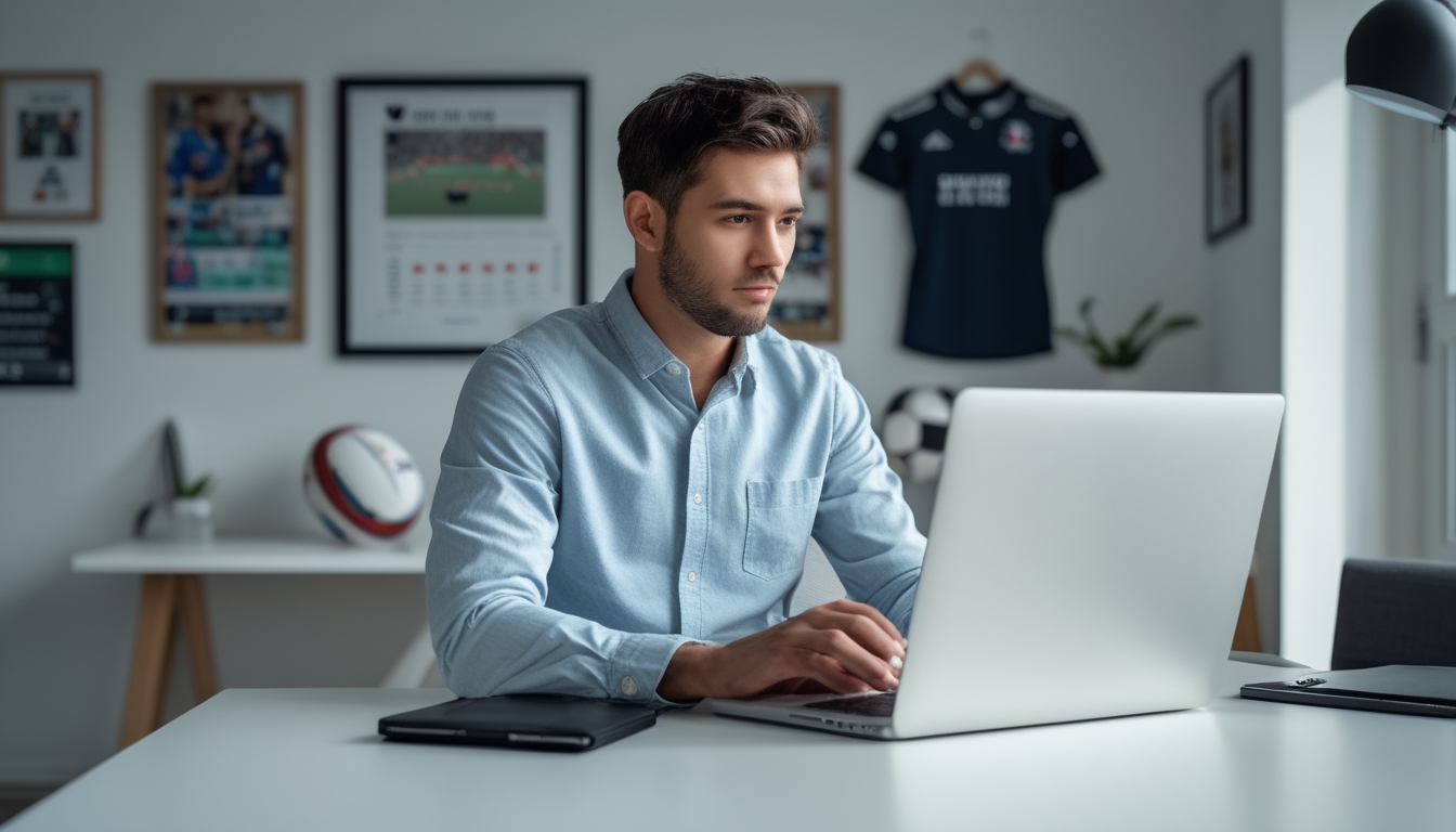 Seorang pria muda duduk di meja dengan laptop, fokus melihat situs taruhan rugby di ruangan rumah yang terang dan rapi dengan perlengkapan rugby di latar belakang.