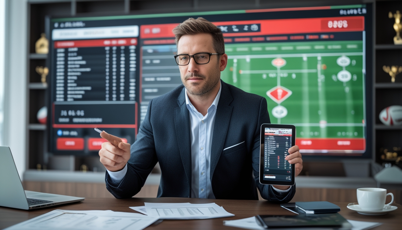 Seorang pria sedang menganalisis strategi taruhan rugby di kantor modern dengan layar digital dan alat kerja di meja.