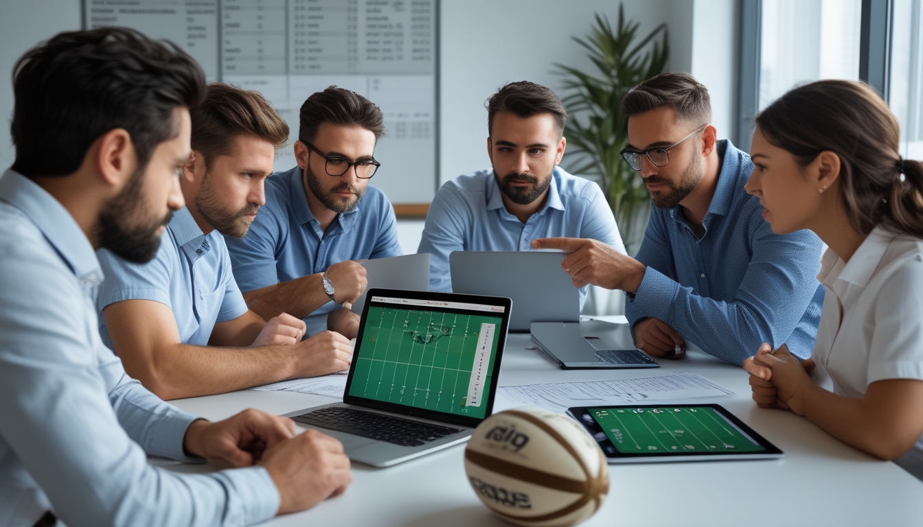 Sekelompok orang sedang berdiskusi dan menganalisis data pertandingan rugby dan taruhan di sebuah ruangan kantor.