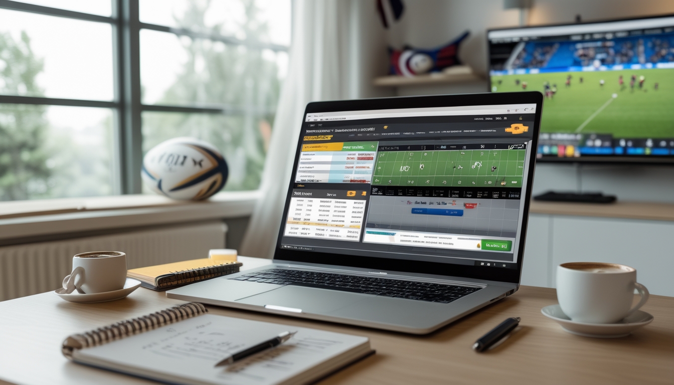 Sebuah meja kerja dengan laptop yang menampilkan statistik rugby dan peluang taruhan, buku catatan, kopi, dan televisi yang menayangkan pertandingan rugby.