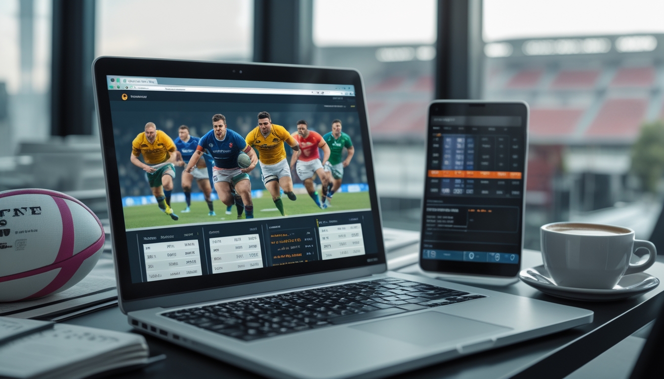 Sebuah ruang kerja modern dengan laptop yang menampilkan situs taruhan rugby online, smartphone dengan peluang taruhan, bola rugby, dan grafik keuangan di atas meja.
