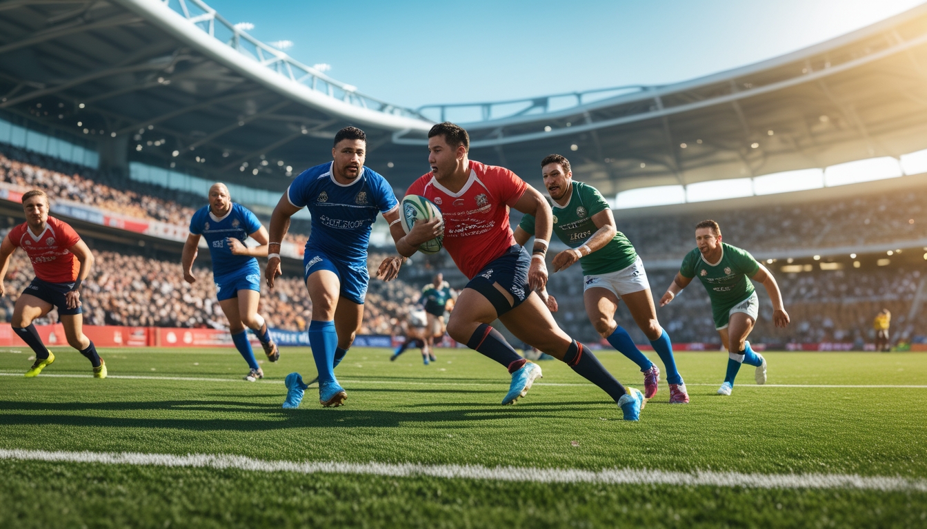 Pertandingan rugby yang sedang berlangsung di lapangan hijau dengan pemain beraksi dan penonton di stadion.