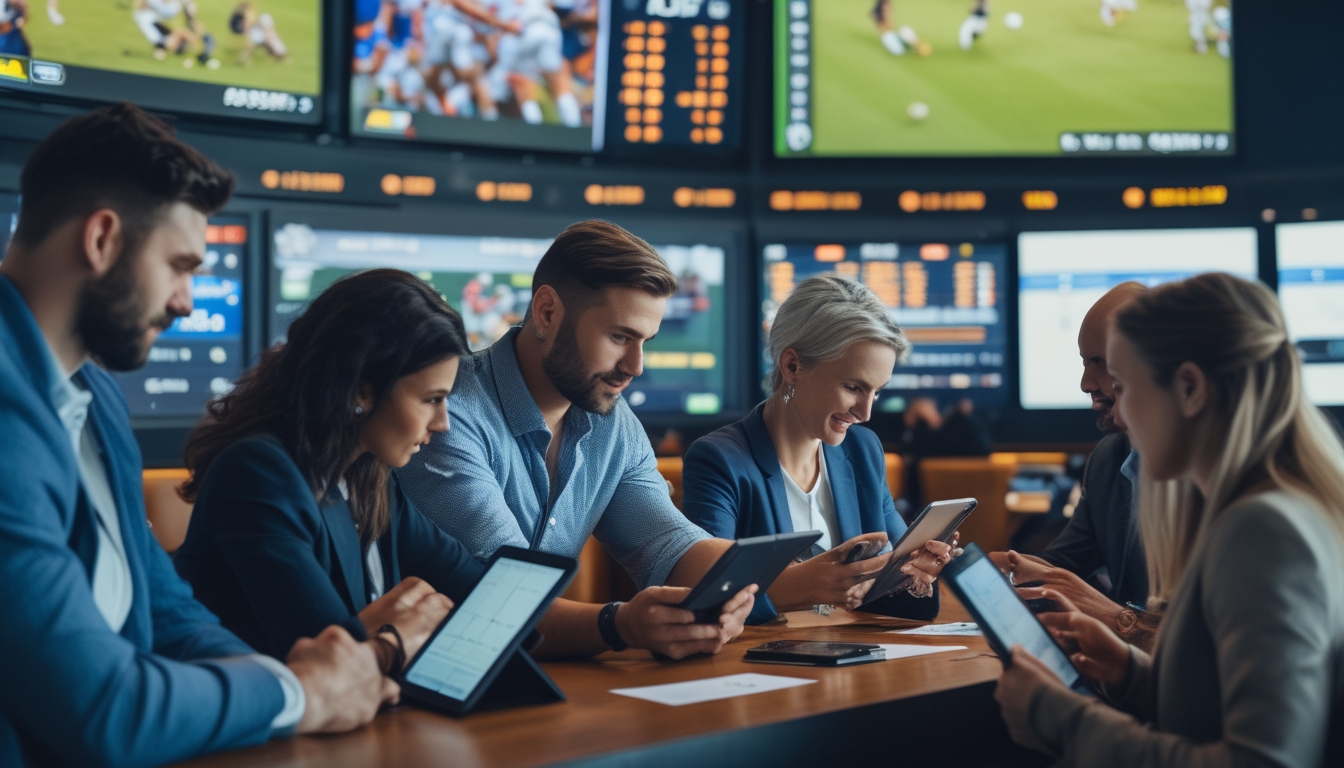Orang-orang sedang menonton pertandingan rugby dan menggunakan perangkat digital untuk taruhan di sebuah ruang taruhan olahraga yang modern.