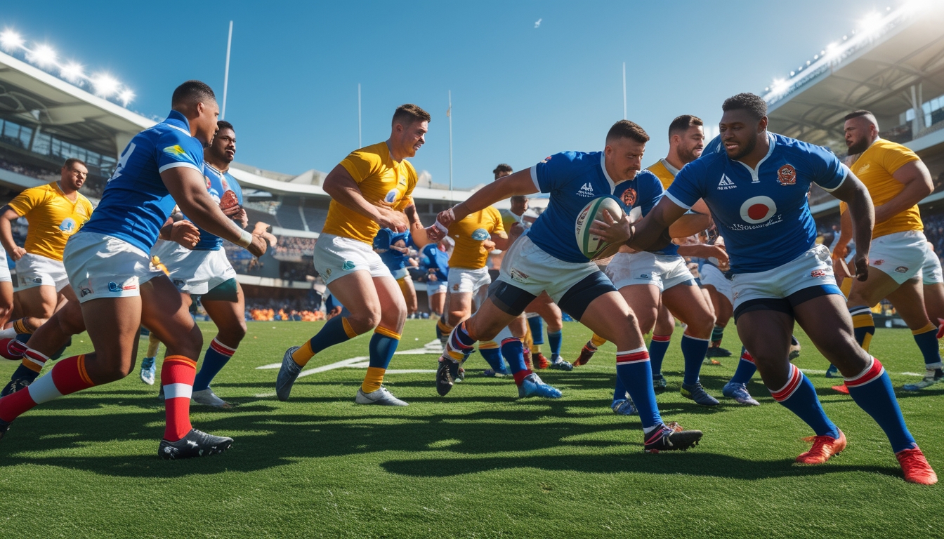 Sekelompok pemain rugby sedang beraksi di lapangan hijau dengan latar penonton di stadion.