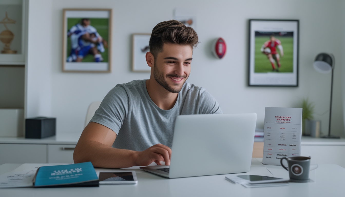 Seorang pria muda duduk di meja dengan laptop, melihat situs taruhan rugby terpercaya dalam ruangan yang terang dengan dekorasi rugby di latar belakang.