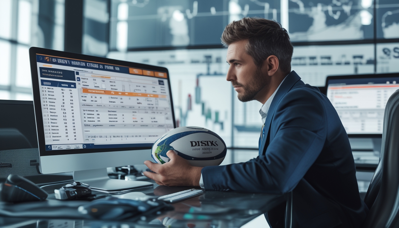 Seorang analis olahraga sedang fokus melihat layar komputer dengan statistik pertandingan rugby dan daftar taruhan di kantor modern.