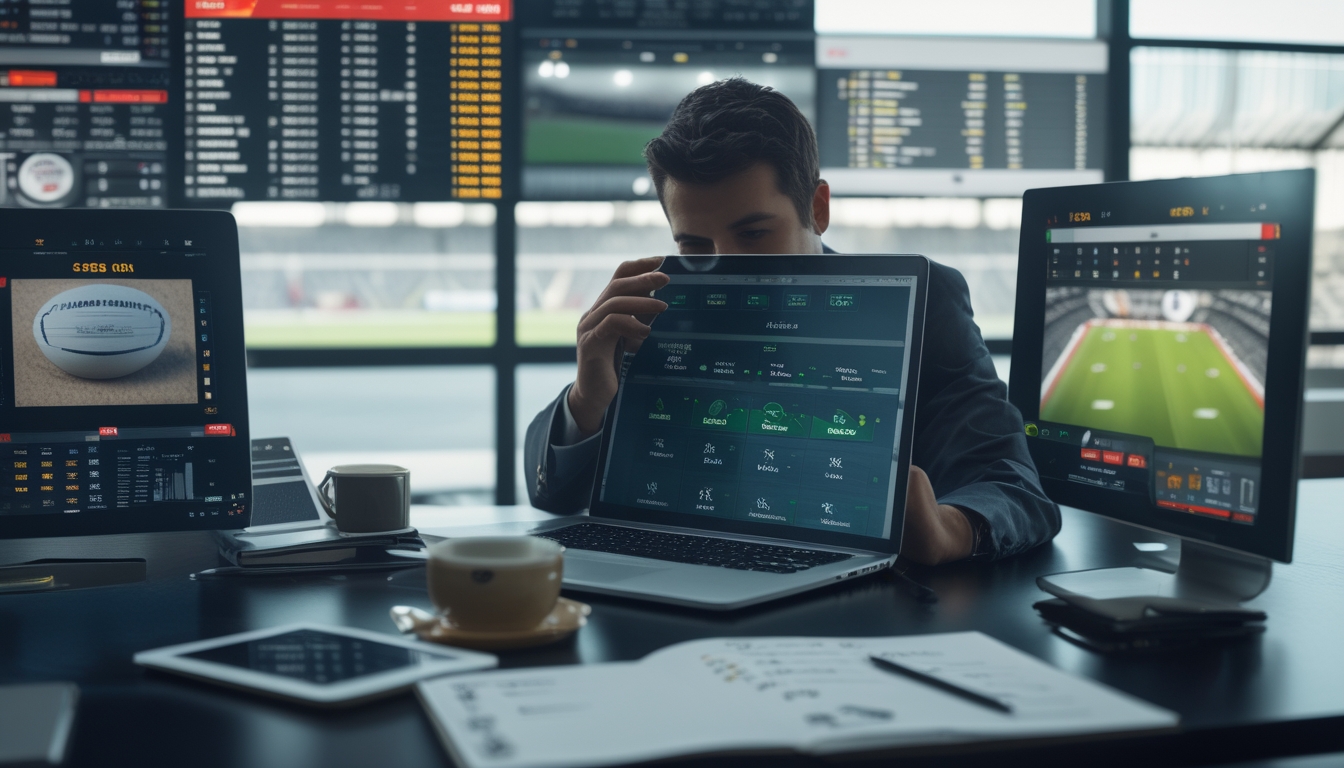 Seorang analis olahraga fokus di kantor modern dengan layar besar menampilkan data taruhan rugby dan statistik, sedang meninjau informasi di laptop.