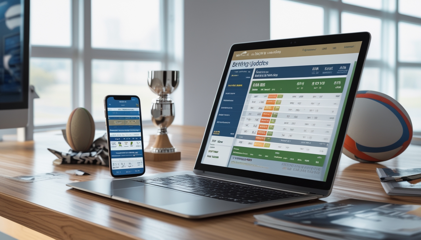 Meja kerja dengan laptop dan ponsel yang menampilkan jadwal pertandingan rugby dan informasi taruhan, dikelilingi bola rugby dan trofi kecil.