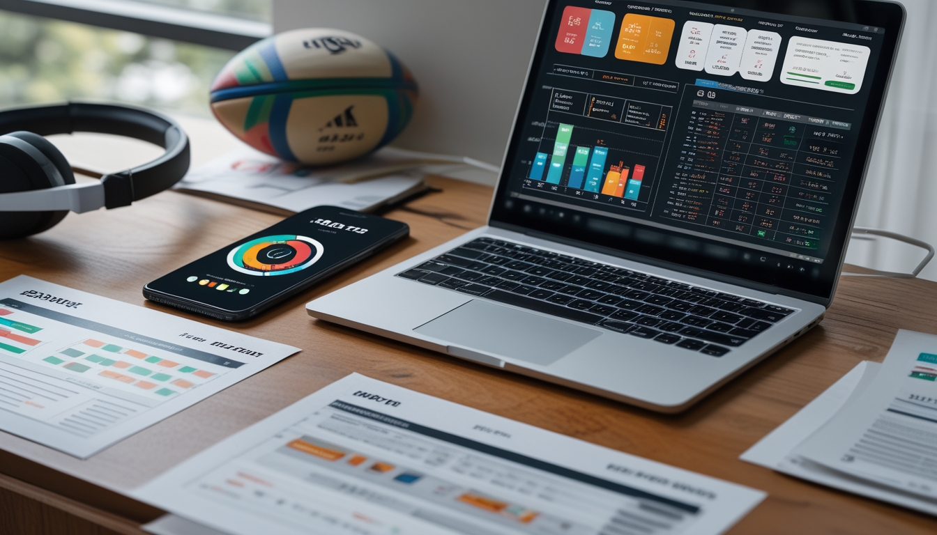 Meja kerja dengan laptop, smartphone, dokumen, bola rugby, dan headphone yang menggambarkan analisis taruhan rugby.