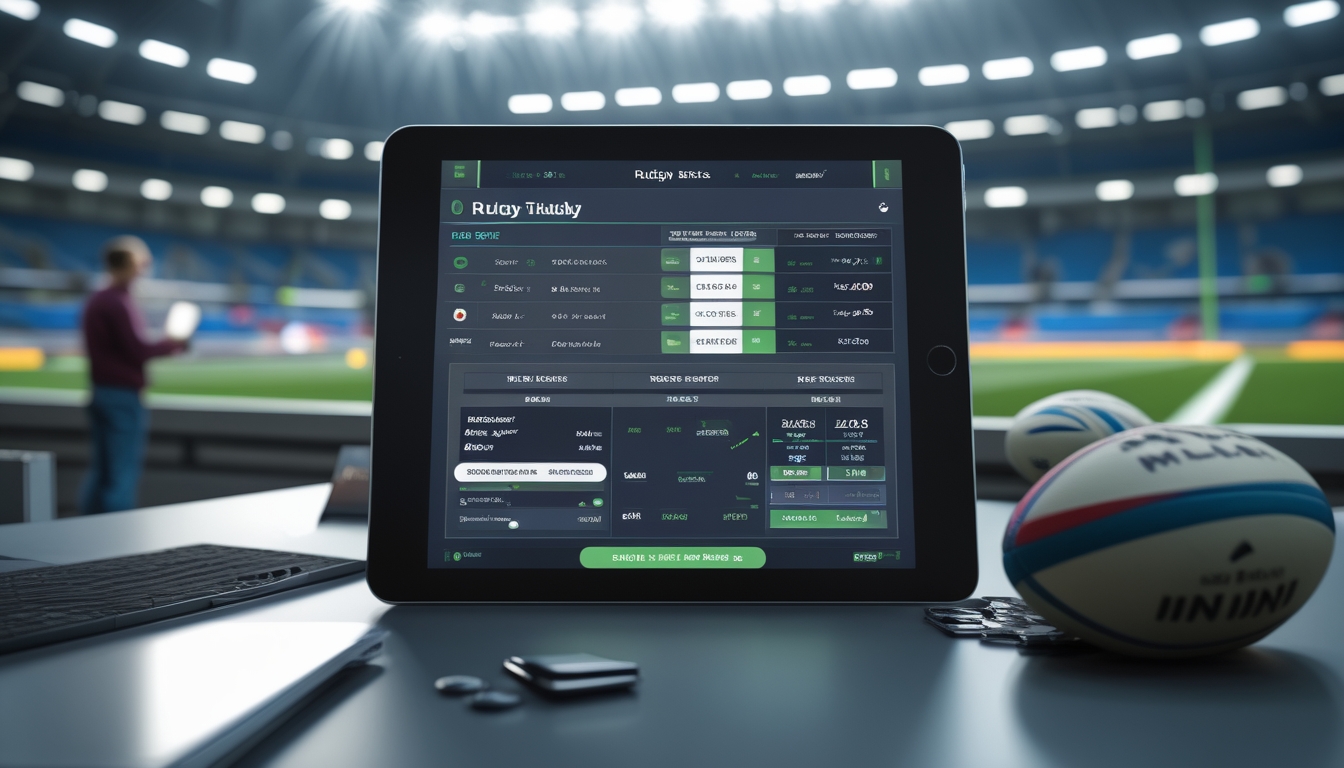 Orang-orang sedang melihat perangkat digital dengan peluang taruhan rugby, bola rugby, dan stadion di latar belakang.