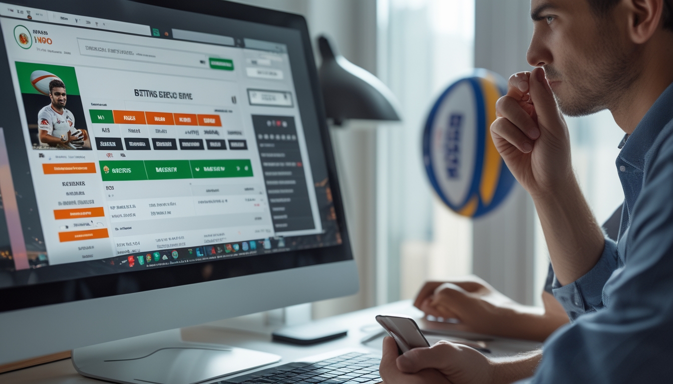 Seseorang duduk di depan komputer dengan tampilan situs taruhan rugby online, terlihat fokus dan serius dalam menganalisis pertandingan.