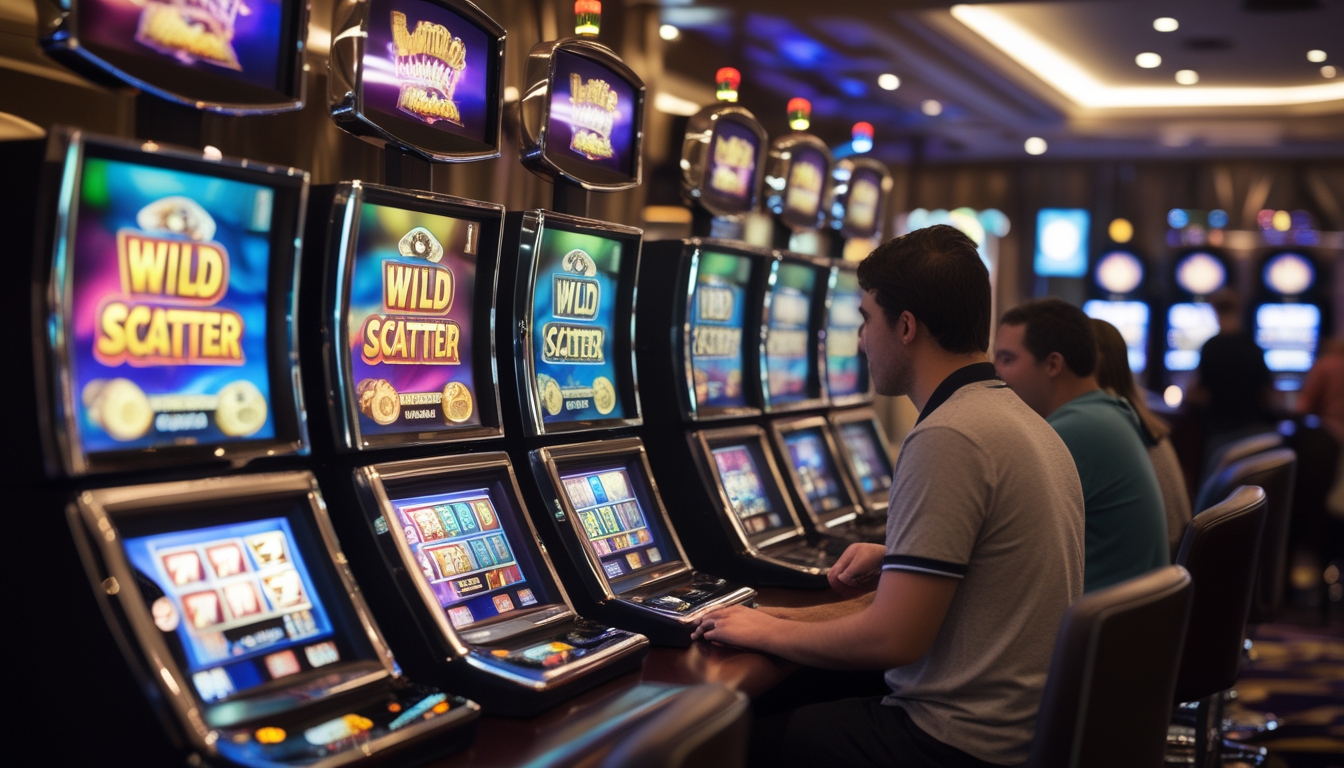 Area mesin slot di kasino dengan beberapa pemain yang sedang bermain dan layar mesin menampilkan simbol wild dan scatter.