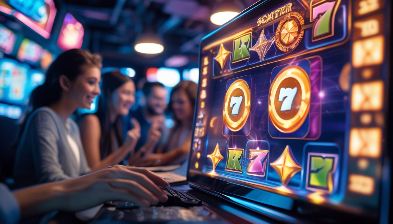 Beberapa orang bermain mesin slot online dengan simbol wild dan scatter yang menyala di layar perangkat mereka dalam suasana kasino modern.