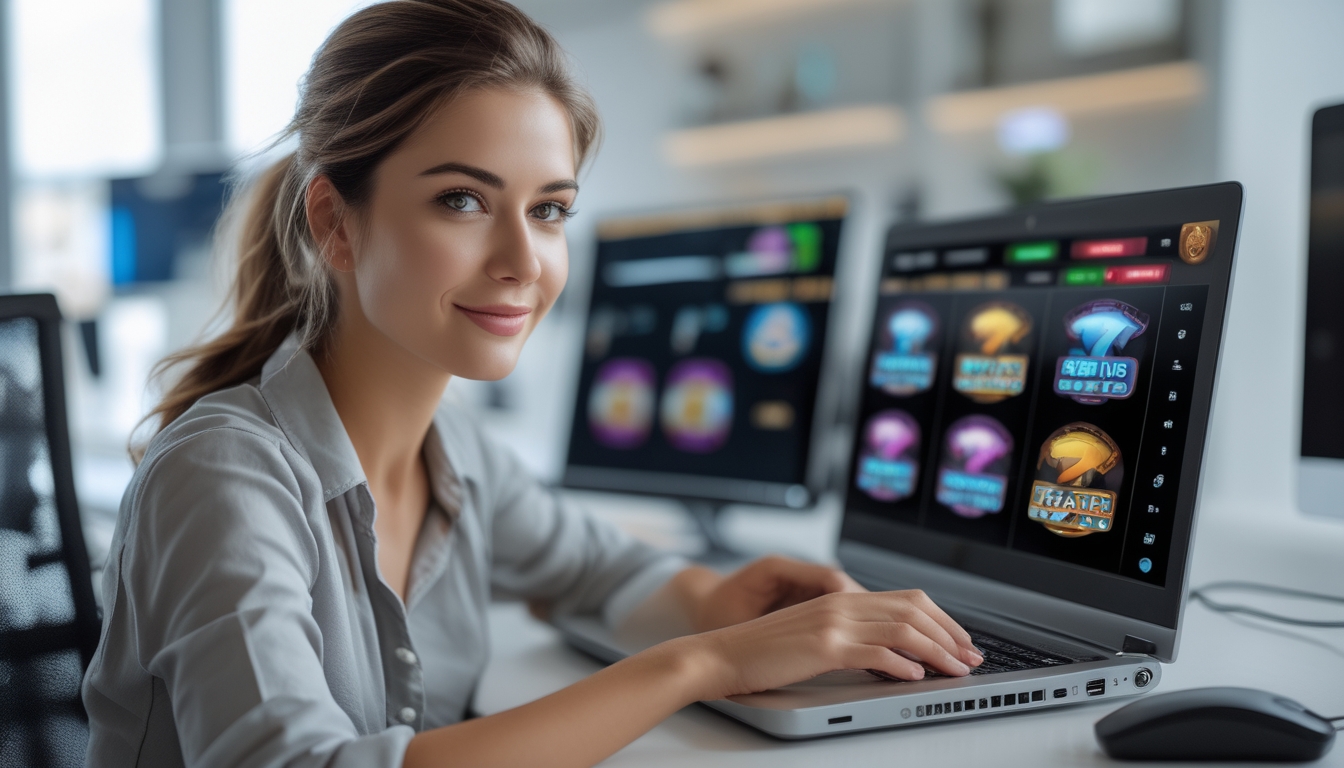 Seorang wanita muda duduk di meja dengan laptop yang menampilkan ikon mesin slot, di ruang kantor yang terang dan modern dengan simbol keamanan digital di latar belakang.