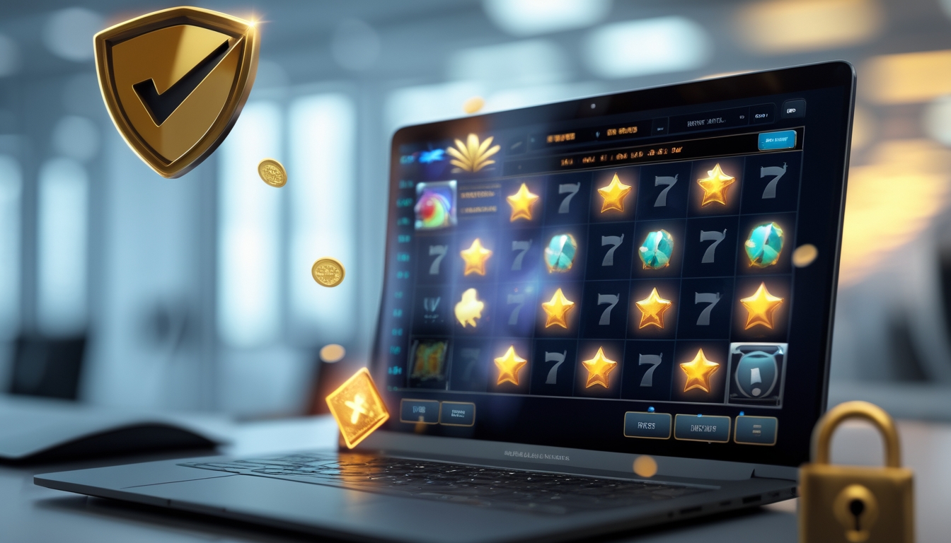 Seorang pengguna sedang bermain permainan slot online di laptop dengan simbol wild dan scatter, dikelilingi ikon keamanan seperti perisai dan gembok di latar kantor yang modern.