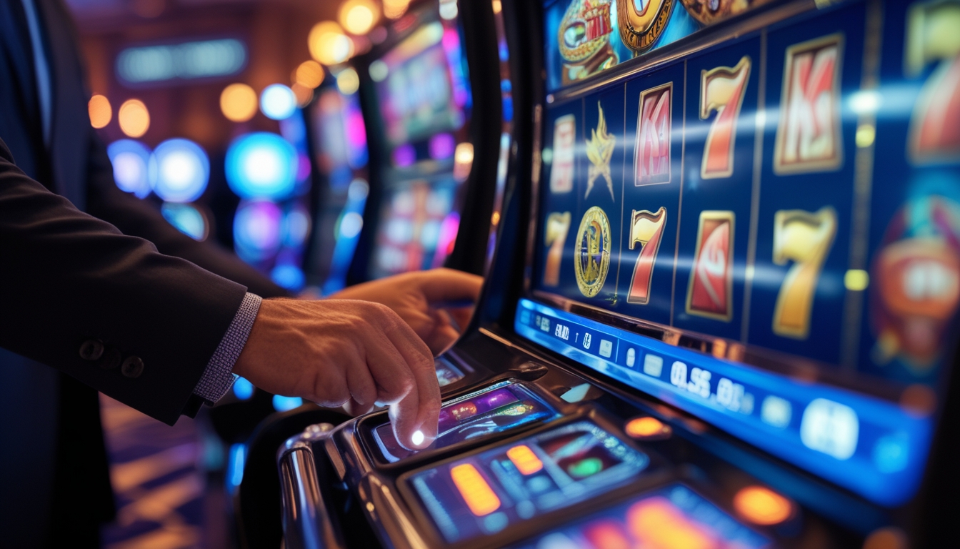 Seorang pemain sedang menggunakan mesin slot dengan simbol wild dan scatter yang terlihat jelas di layar mesin.