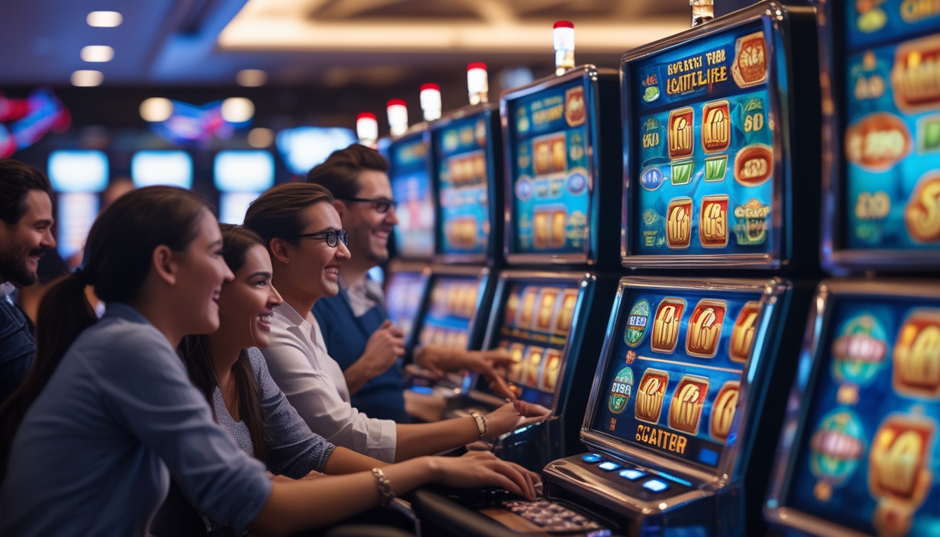 Orang-orang bermain mesin slot di kasino dengan simbol wild dan scatter yang terlihat di layar.