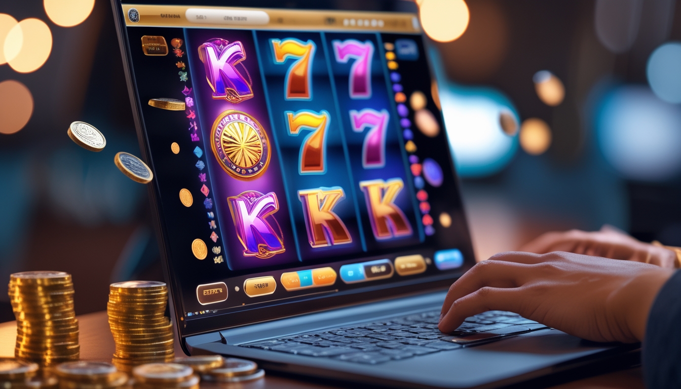 Orang sedang bermain mesin slot online dengan layar komputer menampilkan simbol wild dan scatter yang berwarna cerah.
