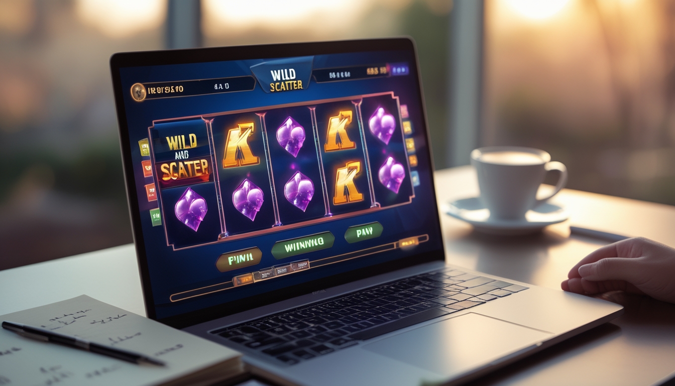 Seorang pemain sedang menggunakan komputer dengan tampilan mesin slot online yang menampilkan simbol Wild dan Scatter yang mencolok, di atas meja terdapat catatan dan pena.