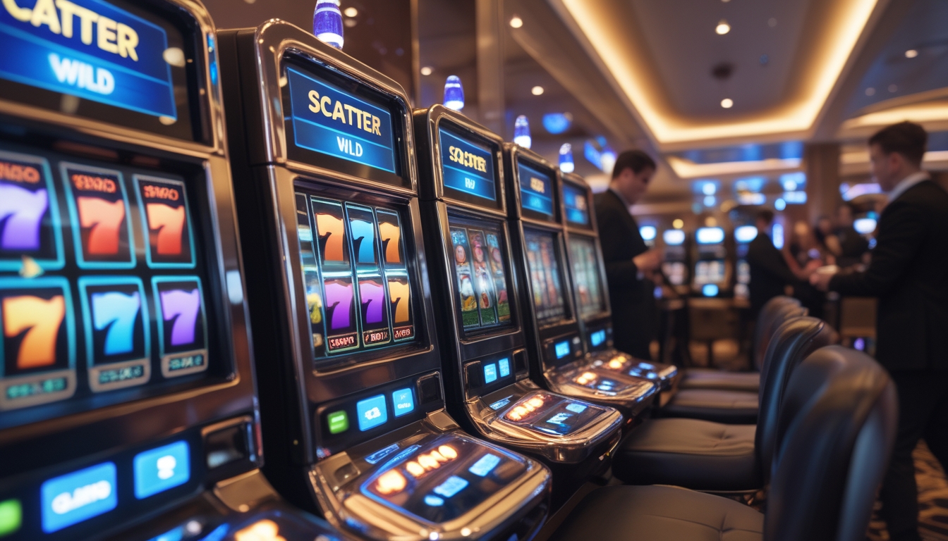 Suasana kasino dengan mesin slot yang menampilkan simbol wild dan scatter serta fitur bonus terbaru, dengan pemain yang sedang bermain.