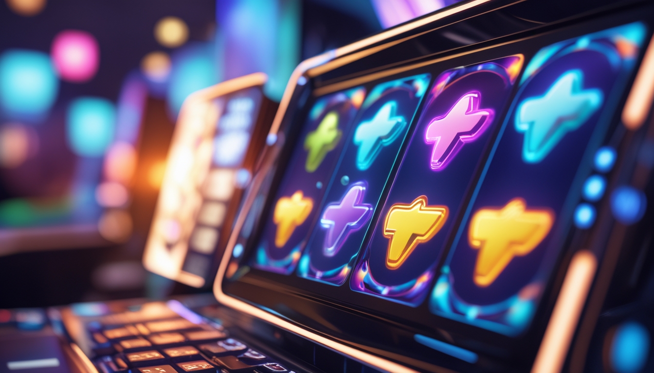 Tampilan close-up layar mesin slot digital dengan simbol Wild dan Scatter yang berwarna cerah dan menonjol.