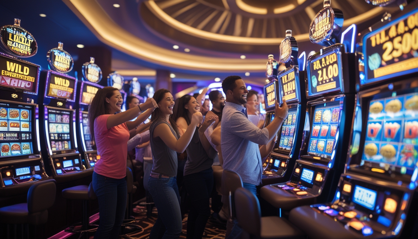 Area kasino dengan mesin slot berwarna-warni dan pemain yang antusias merayakan kemenangan jackpot progresif.