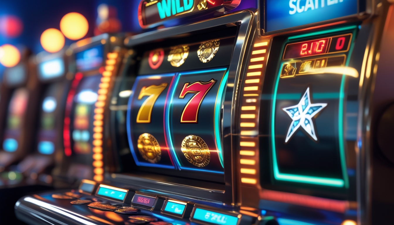 Gambar close-up mesin slot dengan simbol Wild dan Scatter yang menyala, menampilkan suasana kasino yang hidup dan elemen jackpot progresif.