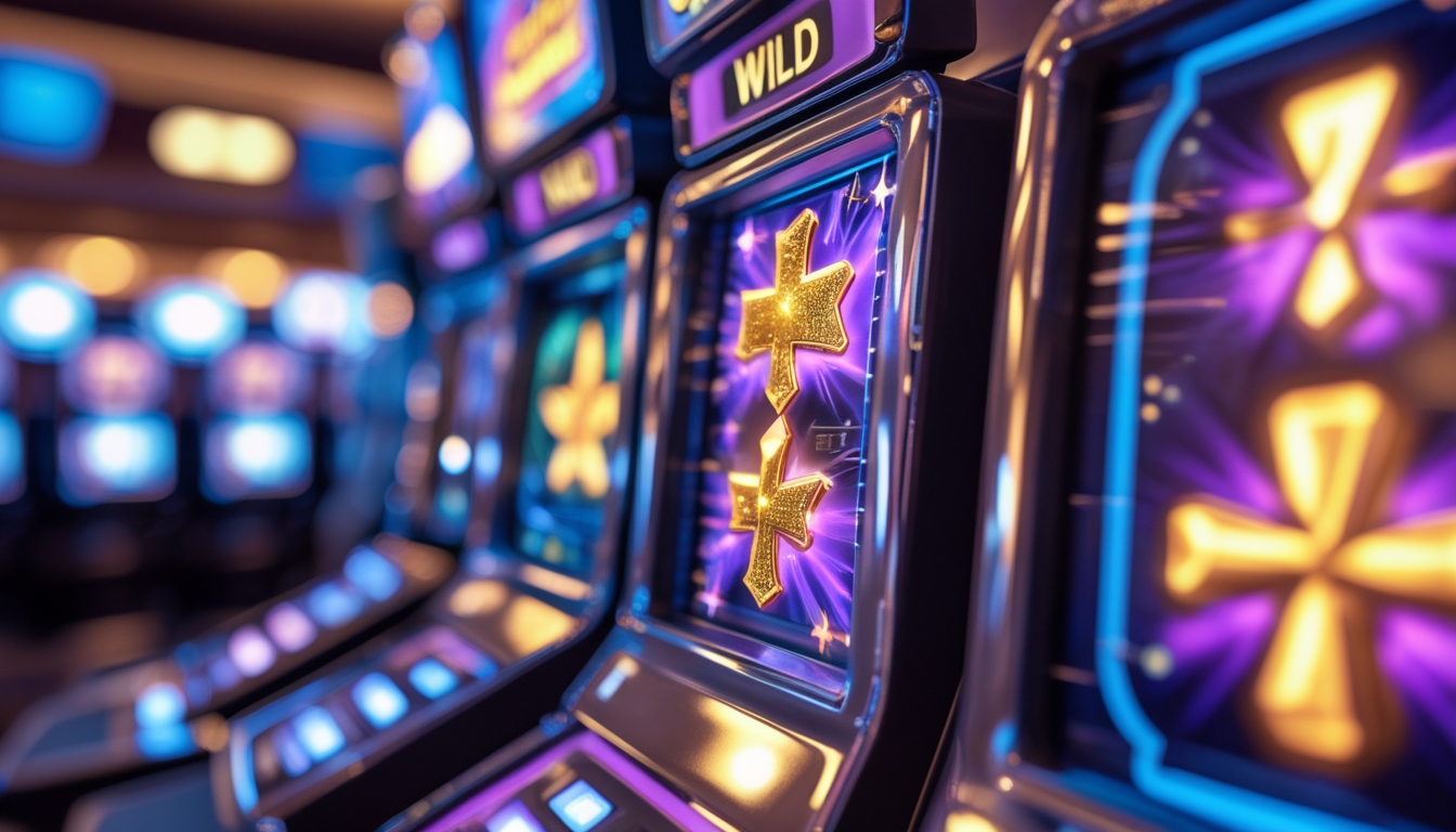 Tampilan dekat mesin slot modern yang menampilkan simbol Wild berwarna emas dan simbol Scatter berwarna ungu menyala di lingkungan kasino yang terang.