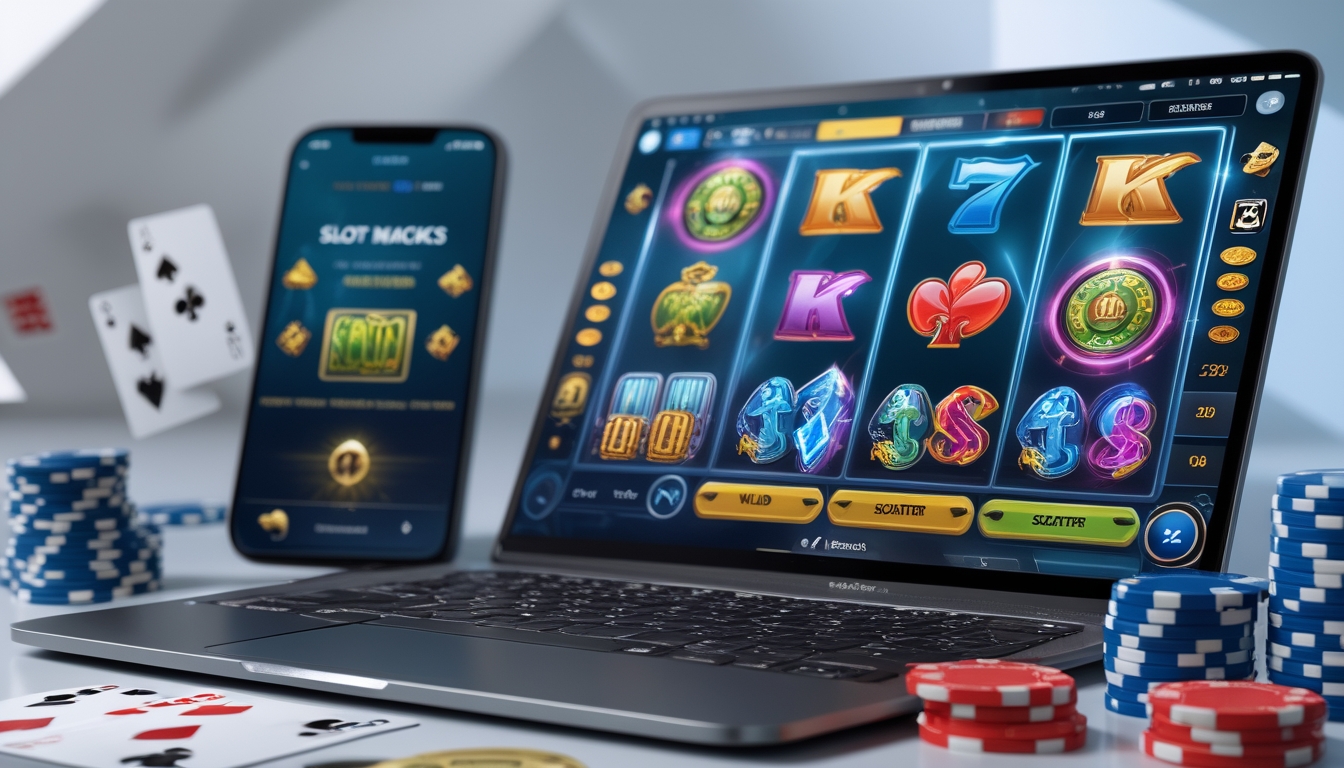 Meja kerja modern dengan laptop yang menampilkan simbol slot wild dan scatter, dikelilingi chip poker dan kartu remi.