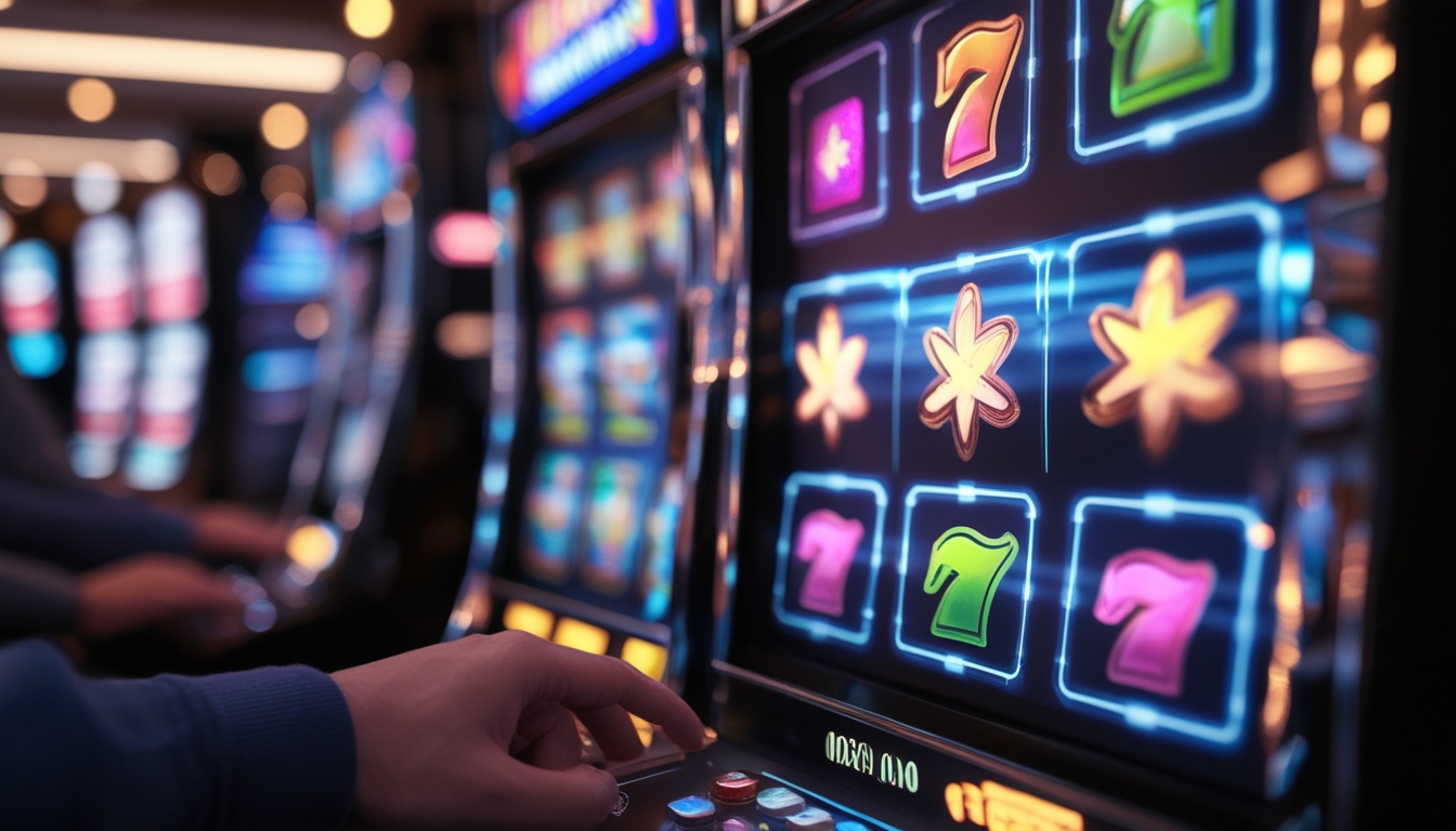 Seorang pemain sedang bermain mesin slot dengan simbol wild dan scatter yang berwarna cerah dan menyala di layar.