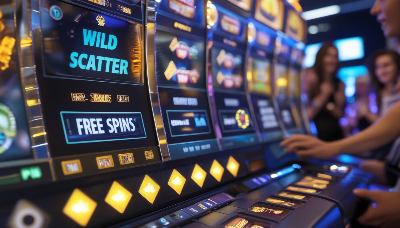 Mesin slot dengan simbol wild dan scatter yang berwarna-warni di kasino dengan orang-orang yang sedang bermain dan terlihat bersemangat.