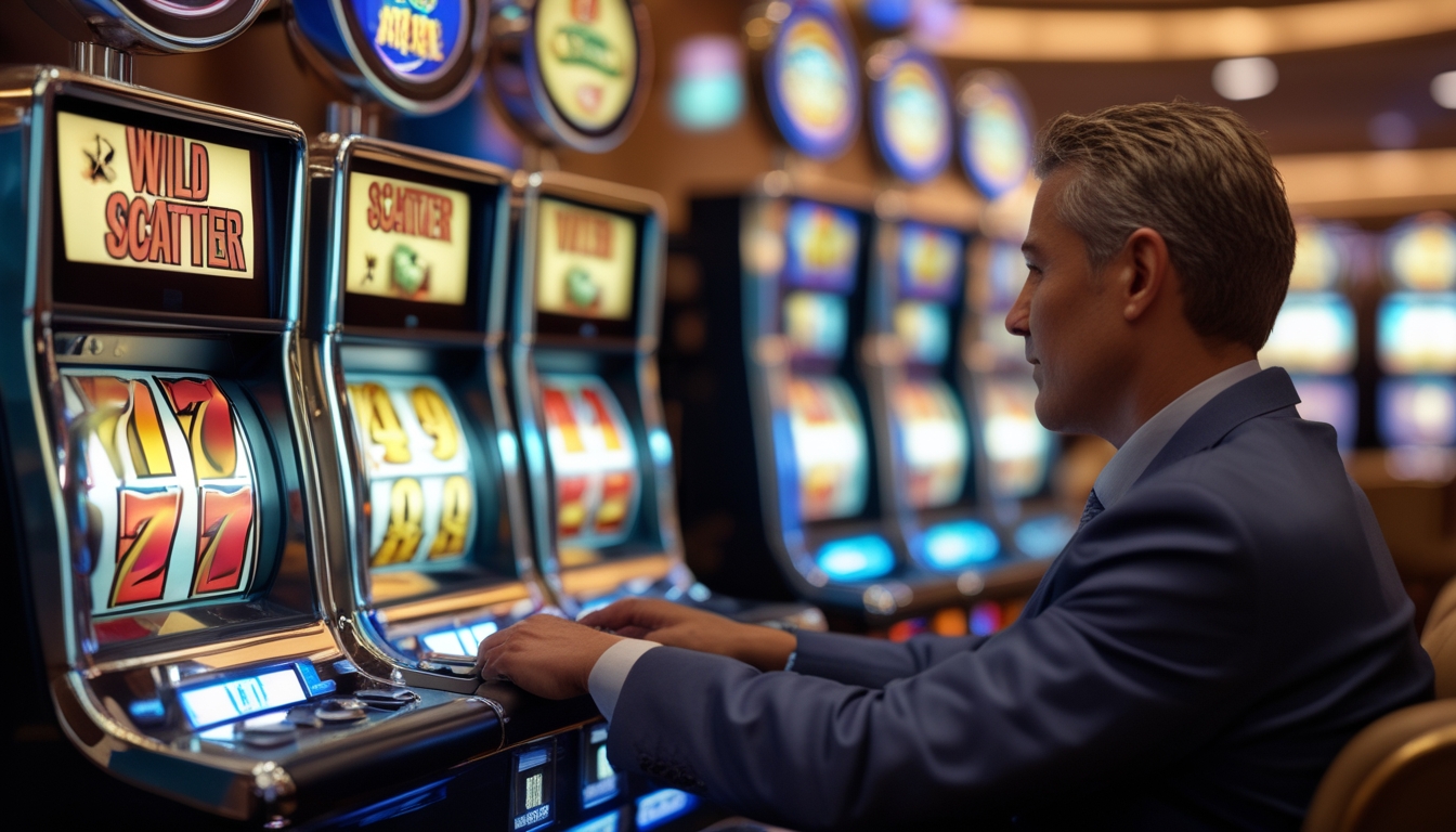 Seorang pria dewasa duduk di mesin slot di kasino, fokus bermain dengan simbol wild dan scatter terlihat di layar mesin.