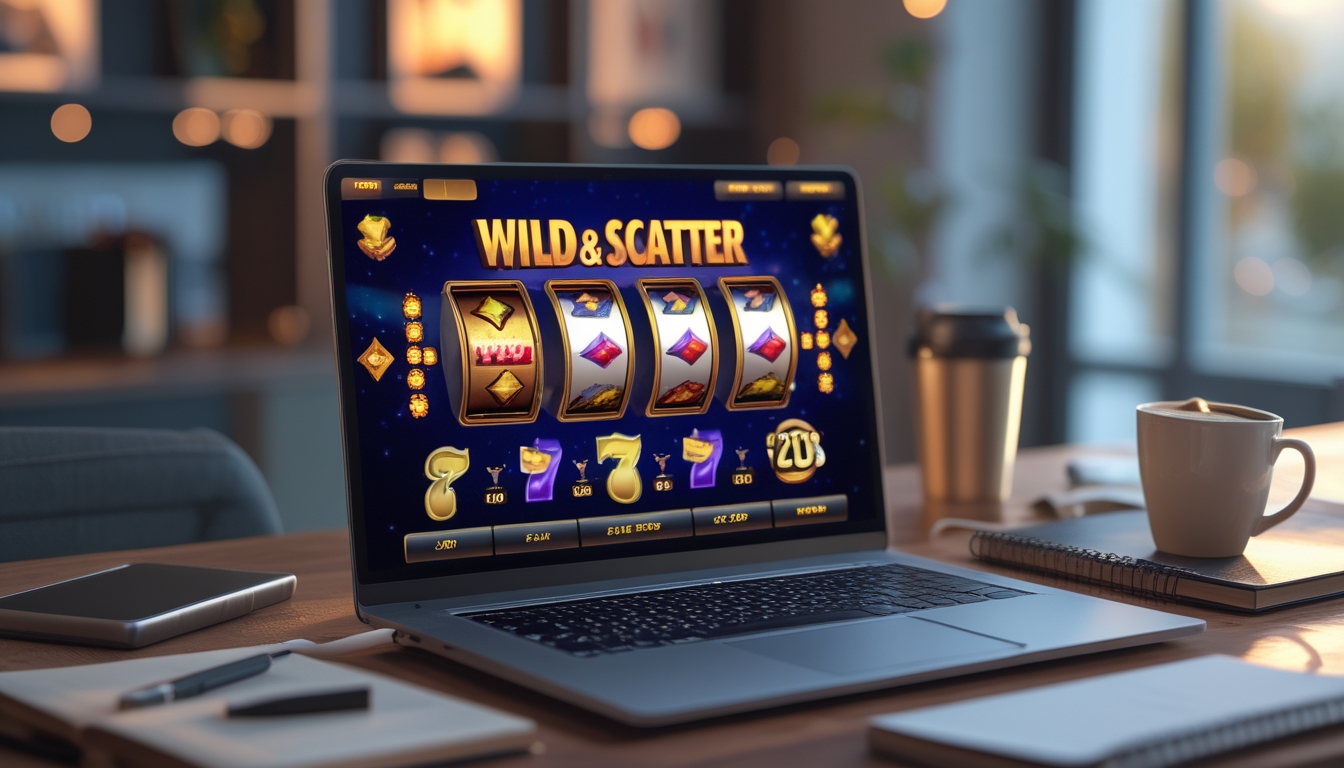 Seorang pemain profesional sedang menggunakan laptop dengan tampilan permainan slot online yang menampilkan simbol Wild dan Scatter, dikelilingi oleh buku catatan, pena, dan cangkir kopi.