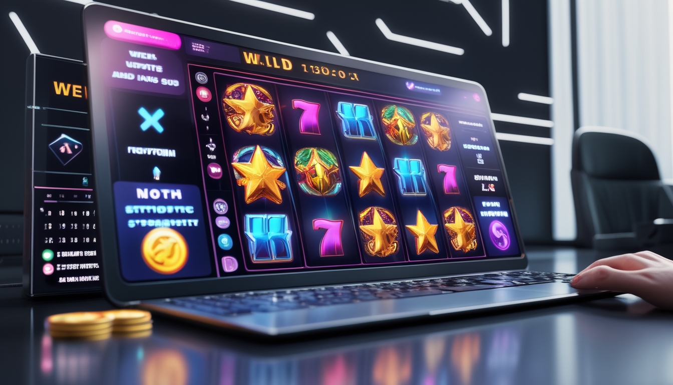 Sebuah setup permainan digital modern yang menampilkan grafik permainan slot warna-warni dengan simbol wild dan scatter pada layar perangkat.