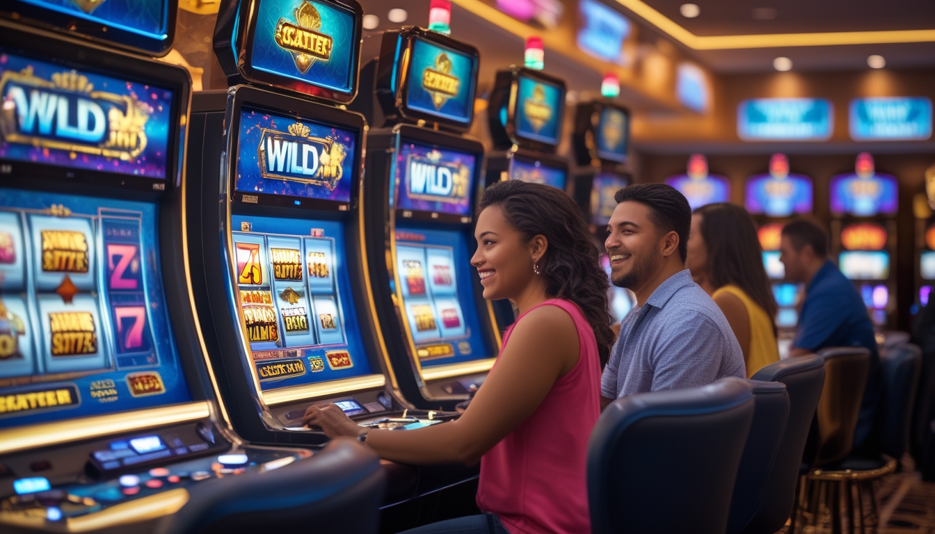 Area mesin slot kasino dengan pemain yang sedang bermain dan layar menampilkan simbol wild dan scatter yang menarik.