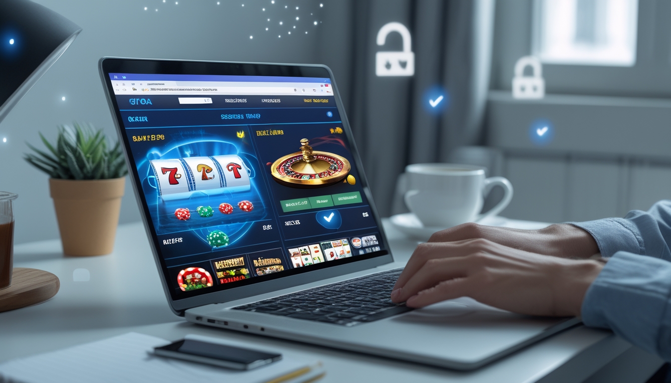 Seorang dewasa muda menggunakan laptop di ruang kerja yang rapi dengan tampilan permainan judi online di layar dan simbol keamanan di latar belakang.