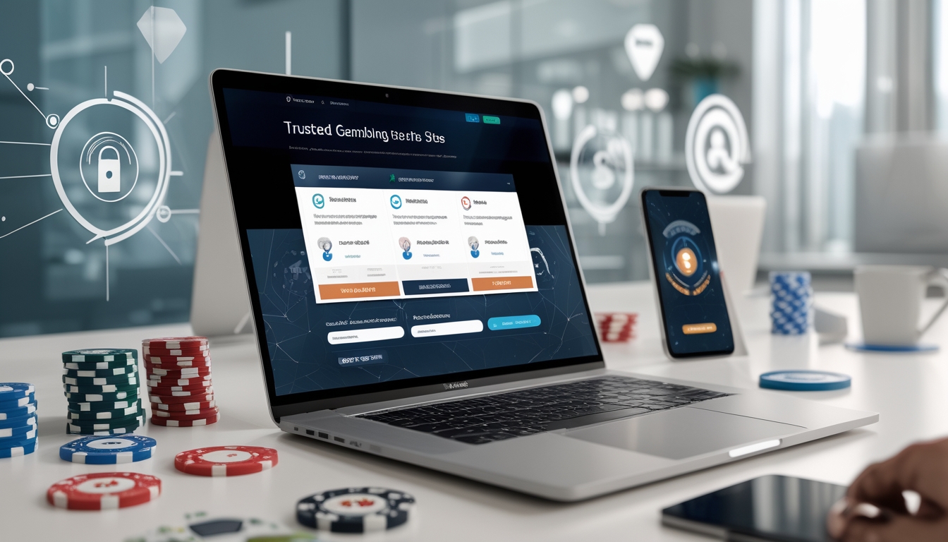 Meja kerja modern dengan laptop yang menampilkan situs judi online terpercaya, dikelilingi oleh chip poker dan kartu remi.