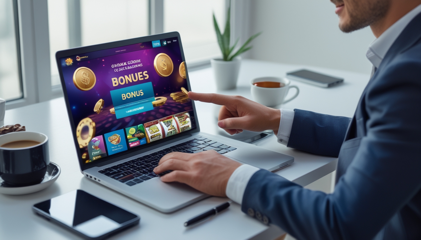Seseorang di ruang kerja modern menggunakan laptop dengan tampilan situs judi online dan elemen kasino, seperti mesin slot dan kartu bermain, di layar.