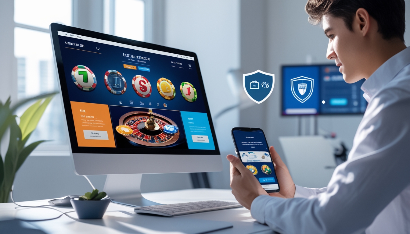 Seseorang menggunakan komputer dan ponsel untuk mengakses platform judi online resmi dengan tampilan antarmuka permainan dan bonus.