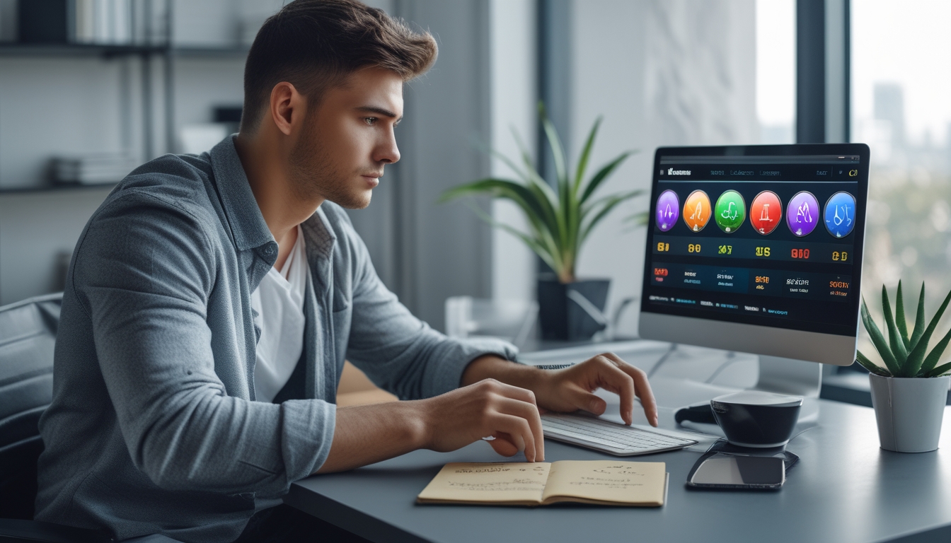 Seorang pria muda duduk di meja dengan laptop, fokus melihat layar yang menampilkan situs judi online, di ruang kerja rumah yang rapi dan terang.