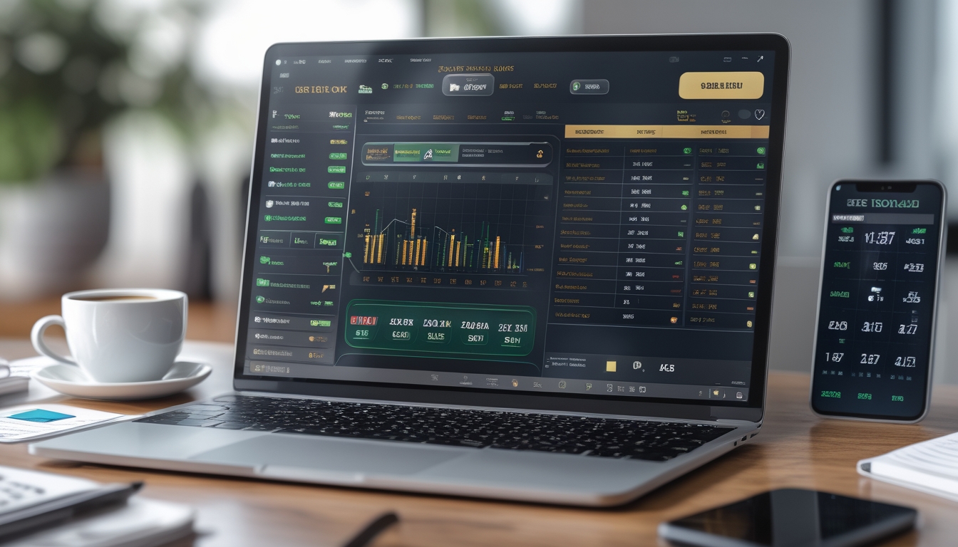 Seorang profesional sedang bekerja dengan laptop yang menampilkan permainan judi online dan grafik strategi di atas meja kayu dengan catatan dan ponsel di sekitarnya.